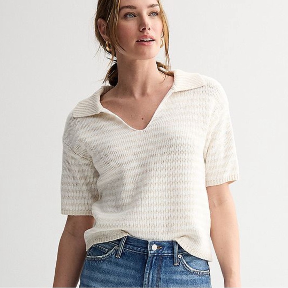Women's Sonoma Short Sleeve Striped Collared Sweater ~medium